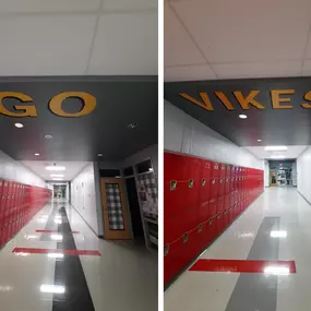 We don't get to do it often, but sometimes we get to apply wall graphics to a ceiling. We applied two decals onto a hallway ceiling at Princeton High School. One reads 