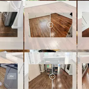 Before and after images showcasing a professional hardwood floor refinishing project in a modern kitchen