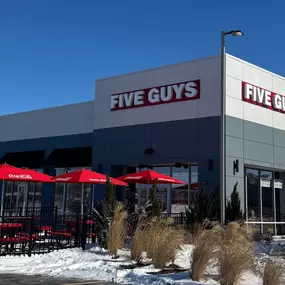 Exterior photograph of the Five Guys restaurant at 4055 Northpoint Boulevard in Waukegan, Illinois.