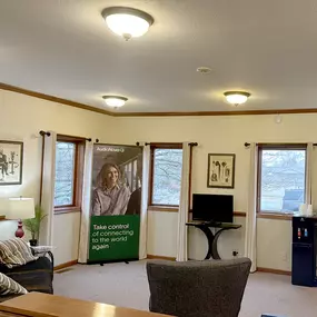 Interior photo of the waiting area of the AudioNova hearing clinic in Fort Wayne, IN