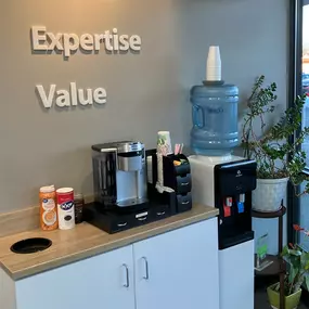 Interior photo of the complimentary coffee for AudioNova hearing clinic in Fairview Park, OH