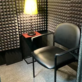 Interior photo of the sound-proof booth for AudioNova hearing clinic in Fairview Park, OH