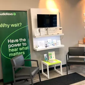 Interior photo of the waiting area for AudioNova hearing clinic in Fairview Park, OH