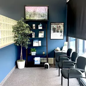 Interior photo of the waiting room for AudioNova hearing clinic in Grand Rapids, MI