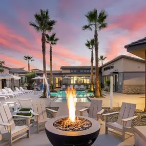Fire pit, chairs and swimming pool