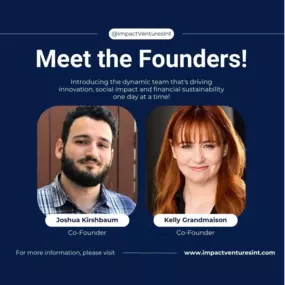 Meet the Founders of Impact Ventures International (IVI): Joshua Kirshbaum & Kelly Grandmaison

This professional and engaging promotional image introduces the co-founders of Impact Ventures International (IVI)—Joshua Kirshbaum and Kelly Grandmaison—in a sleek, modern, and high-impact design.
Key Design Elements:
1. Color Scheme & Branding:

    The deep navy blue background aligns with IVI’s branding, reinforcing themes of professionalism, trust, and financial expertise.
    The white typograph