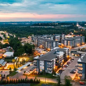 Aerial view of community at twilight at Camden West Nashville apartments in Nashville, TN