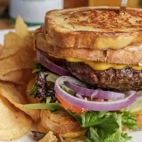 Amazing O-Lineman Cheeseburger! A huge cheeseburger with grilled cheese for buns!