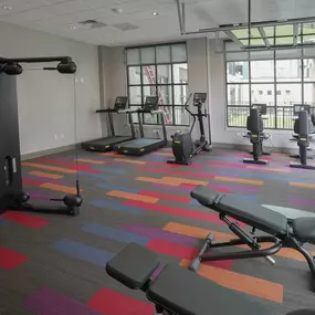 A gym with a variety of equipment including treadmills, weights, and exercise machines