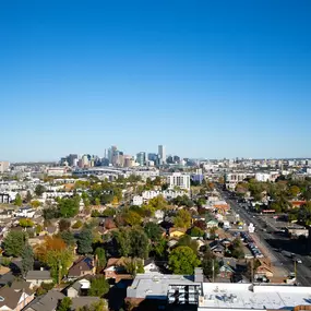 A cityscape with a clear blue sky above.