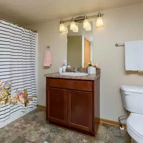 a bathroom with a toilet sink and shower and a mirror