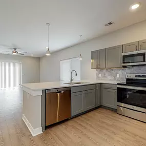 Large living room with open kitchen