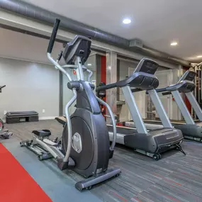 A gym with a red carpet and various exercise machines.