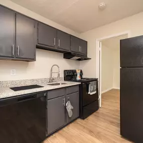 A kitchen with black cabinets and appliances.