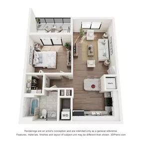 A one-bedroom floor plan layout of Gateway Luxury Apartments in Pompano Beach, FL, with an open-concept design.