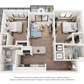 A two-bedroom floor plan layout of Gateway Luxury Apartments in Pompano Beach, FL, with an open-concept design.