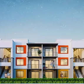 A rendering of the exterior view of Gateway Luxury Apartments in Pompano Beach, FL, showcasing a modern architectural design.