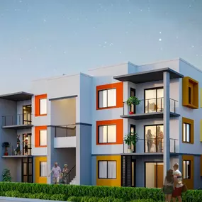 A digital rendering of Gateway Luxury Apartments in Pompano Beach, FL, highlighting the community’s exterior design.