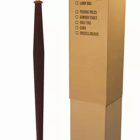 A tall, brown corrugated lamp box designed for safely packing and transporting floor lamps and other long, delicate items. The box features printed labels with checkboxes for identifying its contents, such as 