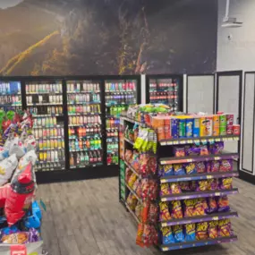Interior photo showing beverages and snacks