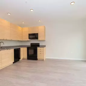 Kitchen with large windows