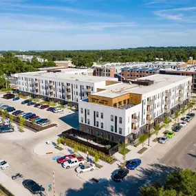 Rowat Lofts seen from above with parking