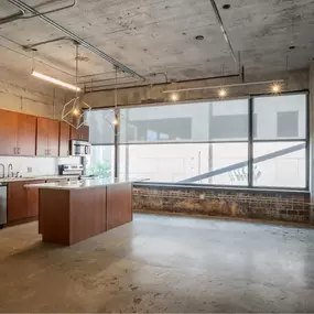 Spacious kitchen with large windows