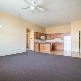 Spacious living room with kitchen