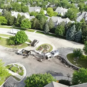Aerial view of a neighborhood and the roads going through it.