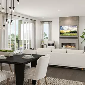 Open-concept great room with covered deck
