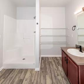 A bathroom with a sink and a mirror