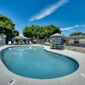 A large outdoor swimming pool surrounded by a fence and trees.