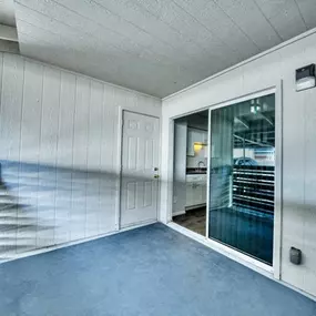A room with a white wall and a glass door.