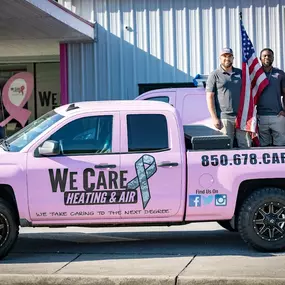We Care Heating, Cooling, Plumbing & Electrical pink truck