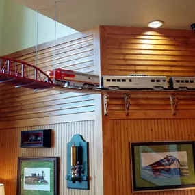 An interior view of Dental Depot's dentist office in Broken Arrow showing the miniature train track running throughout the office.