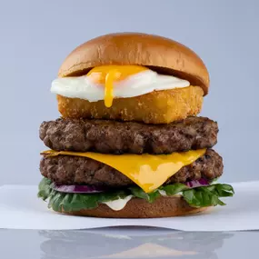 Beef Burger with Cheese, Egg, Hashbrowns