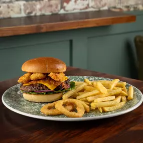 Beef Burger with Cheese, Chicken Strips, Bacon