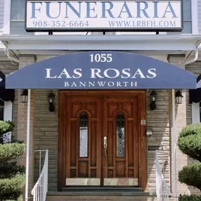 Entrance of at Las Rosas Bannworth Funeral Home, 1055 E Jersey St, Elizabeth, NJ 07201.
