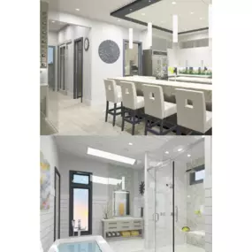 3D Rendering of Luxury Kitchen and Spa-Inspired Bathroom Design

This 3D rendering showcases a modern luxury home interior featuring a sleek, open-concept kitchen and a spa-like primary bathroom. The kitchen is designed with clean lines, custom cabinetry, a large island with upholstered bar seating, pendant lighting, and premium built-in appliances—perfect for entertaining and everyday living. The bathroom features a freestanding soaking tub, walk-in glass shower with bench seating, double vanit