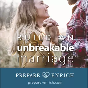 A happy couple holding hands, symbolizing connection and trust. The text ‘Build an Unbreakable Marriage’ emphasizes strong relationships. Features the Prepare/Enrich logo and website, highlighting premarital and marriage coaching for blended families.
