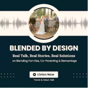 Podcast cover for 'Blended by Design' featuring real talk, real stories, and real solutions on blending families, co-parenting, and remarriage. The design includes a family wedding photo, soundwave graphics, and a call-to-action to listen now with hosts Travis & Daun Hall.