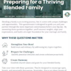 Blended Pathways guide titled 'Preparing for a Thriving Blended Family,' offering key questions and insights to help couples strengthen their bond, navigate challenges, and create family harmony. Designed for remarried couples and stepfamilies preparing for a successful future together.