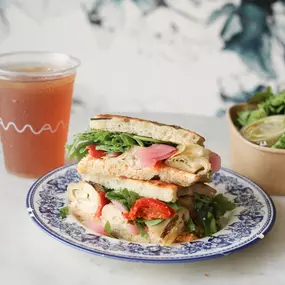 pressee focaccia sandwich and iced tea