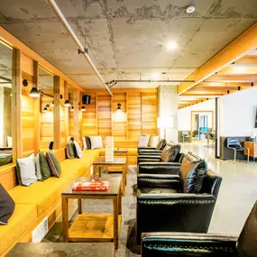 A long wooden bench with cushions is in the middle of a room with leather chairs.