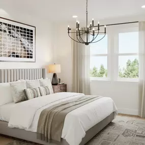 Primary bedroom retreat shown with chandelier and hardwood flooring