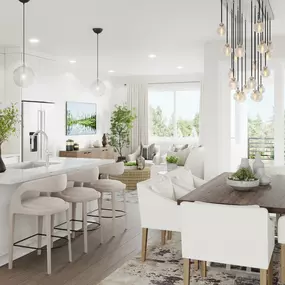 Open floor plan connects the great room, stylish kitchen, and casual dining area