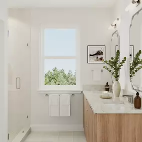 Spa-like primary bathroom with dual-sink vanity