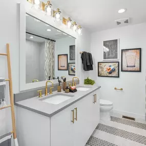 Hall bathroom with dual sink vanity