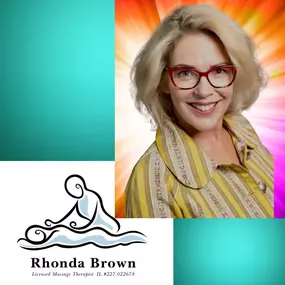 Rhonda Brown's picture along with her logo showing that she is a Licensed Massage Therapist in Illinois.