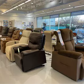 Lift chairs and recliners on display in our bright, modern Elmwood Park showroom — perfect for mobility, comfort, and recovery at home.